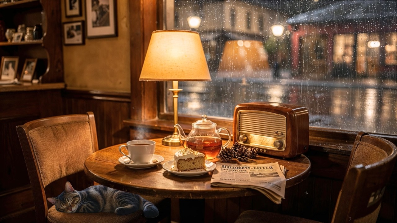 A Cozy Rainy Evening 🌧️ Oldies Playing in Another Room | Warm Vintage Café Ambience