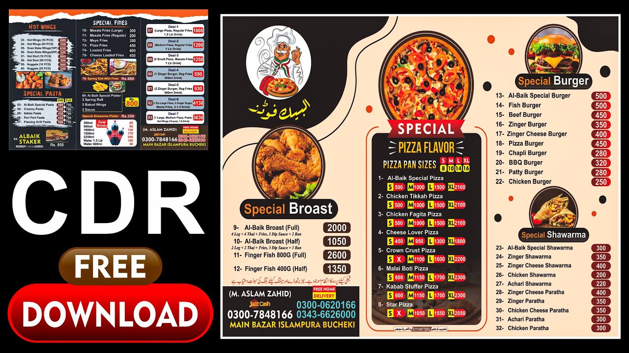PIZZA & BURGER MENU CDR File Free Download |Fast Food MENU CDR File |Pizza Menu CDR File