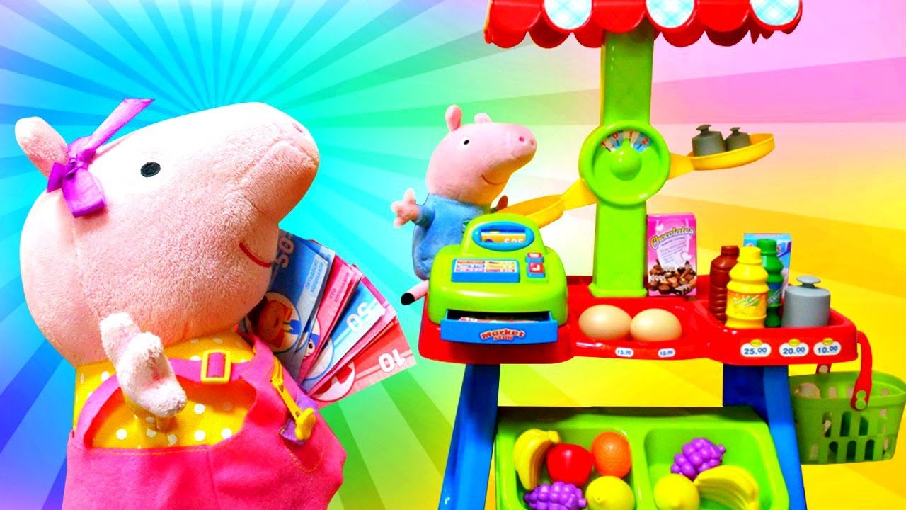 Çocuk videosu. Peppa Pig ve Geogre alışveriş oyunu oynuyor. Oyuncak dükkan
