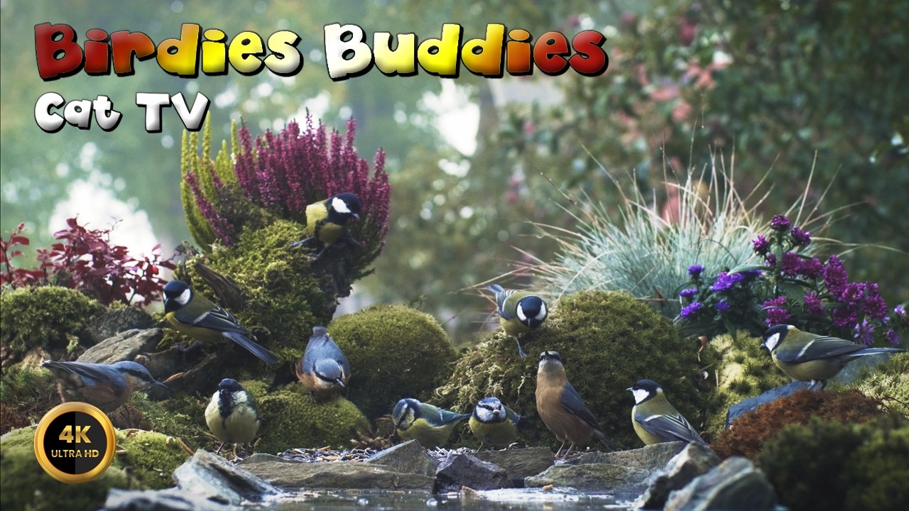 Cat TV for cats to watch 🐈 -  Bird Buddies Next Door 🦜🌿 (4K)