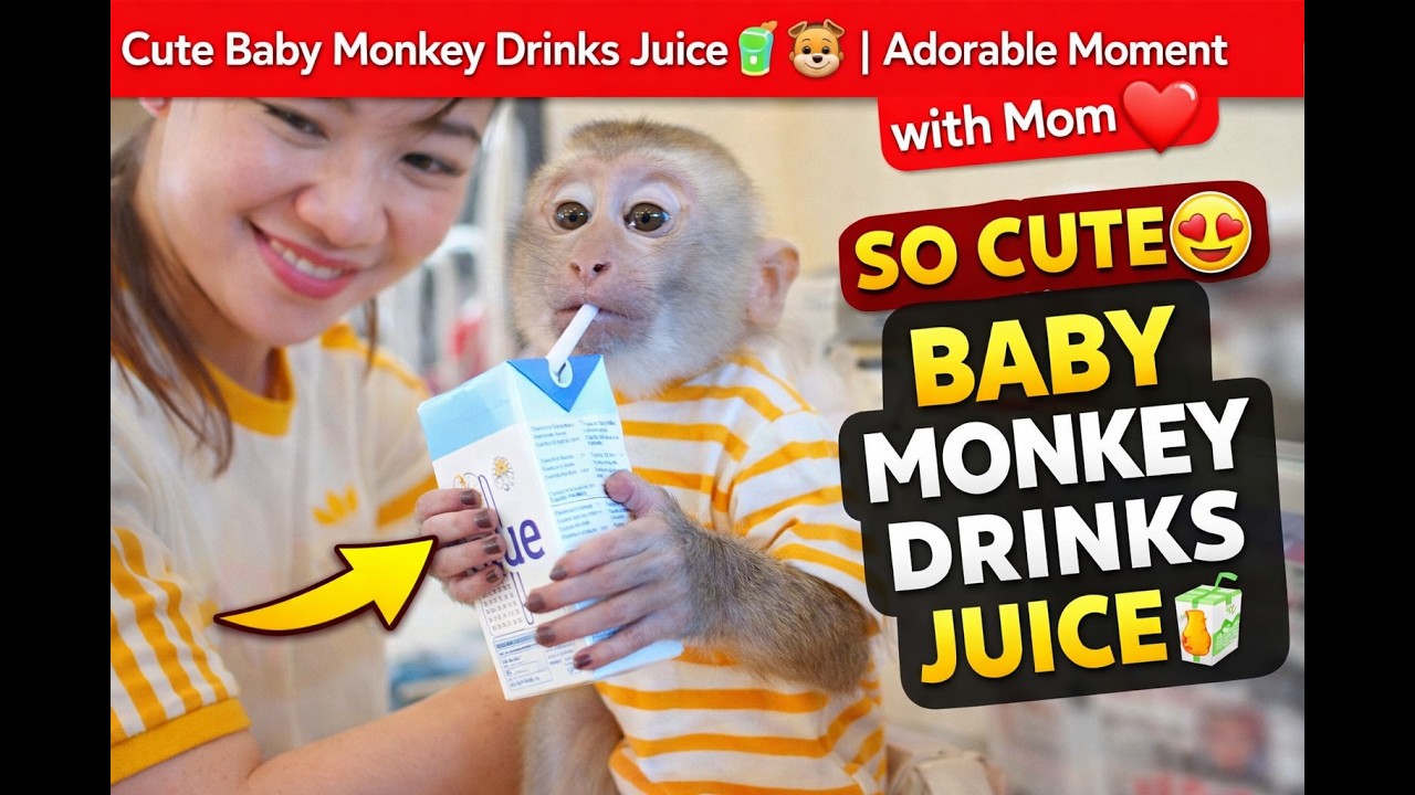Cute Baby Monkey Drinks Juice 🧃🐒 | Adorable Moment with Mom ❤️