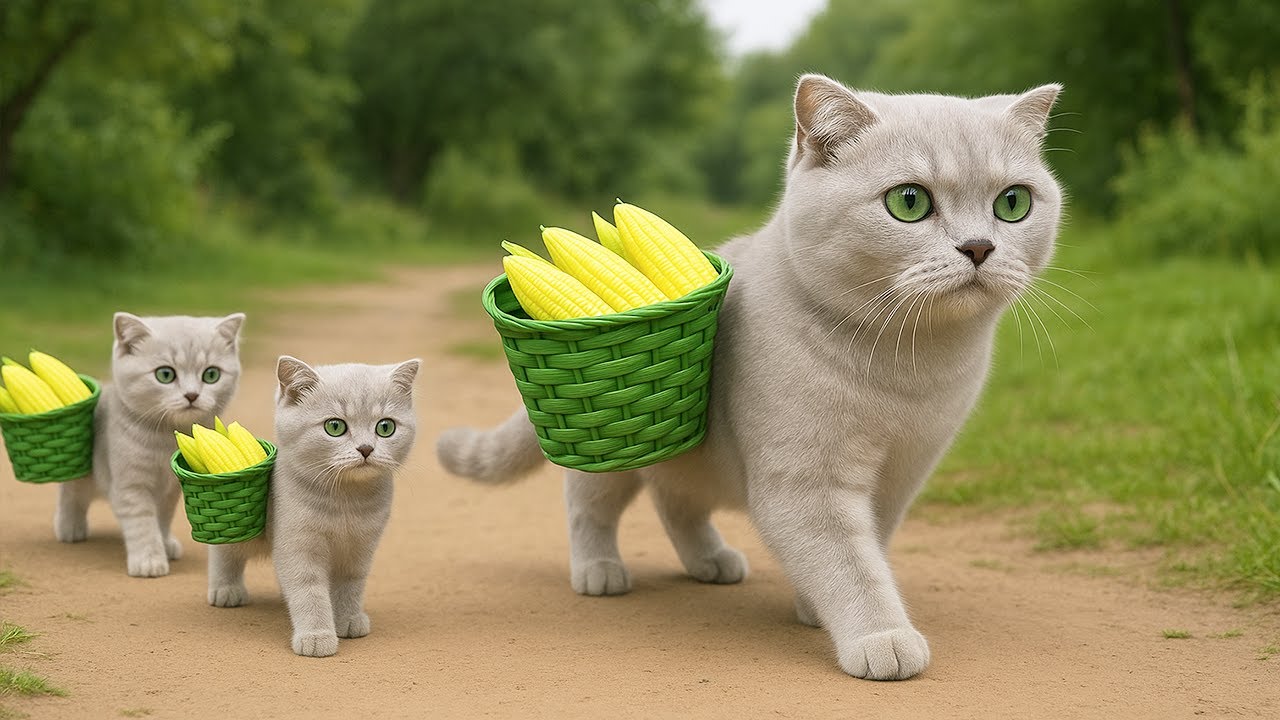 Mama Cat Collects Corn and Bakes Pies for Her Kittens After a Playful Day 🐾🥧🐱
