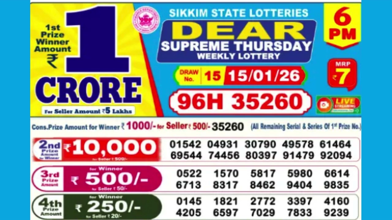 DEAR SUPREME THURSDAY WEEKLY LOTTERY TODAY RESULT 6 PM 15/01/26#latest lottery result