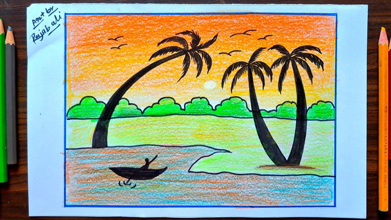 Simple sunset landscape drawing||Easy Drawing Beautiful Sunset||sunset drawing 