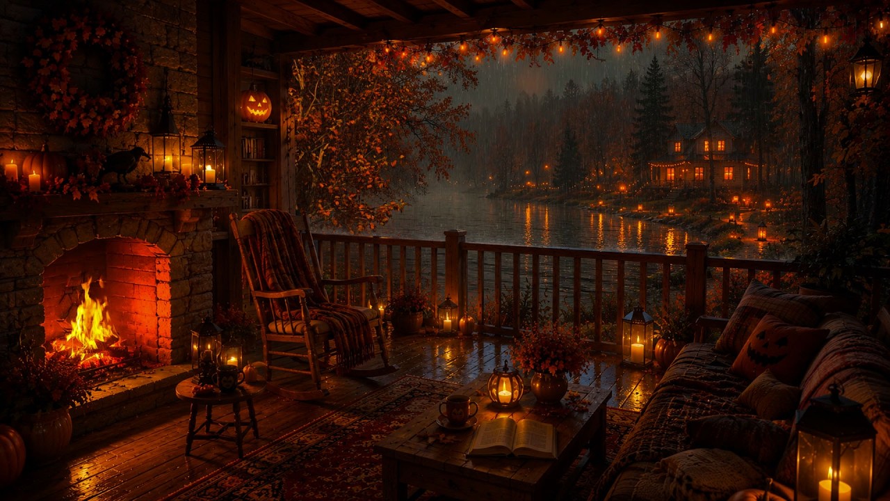 No Ads🔕🍂 Cozy Rainy Fall Afternoon | Rain Outside The Porch & Cozy Fire 🔥for Study, Sleep, Relax💤