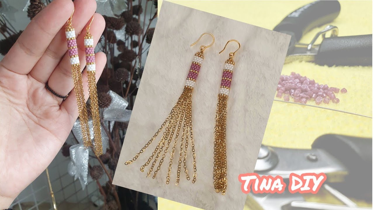 How to make earrings|miyuki delica seeds beads|tubular peyote stich|tassel chain|Tutorial|Tina DIY