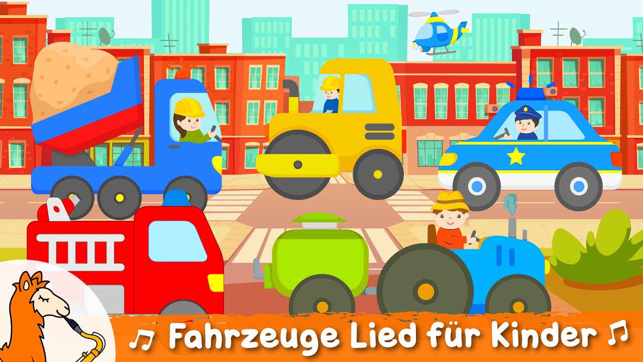 Auto Kinderlied - 12 Fahrzeuge für Kinder | Kipplaster, Polizei, Traktor, Feuerwehr, Müllauto u.v.m.