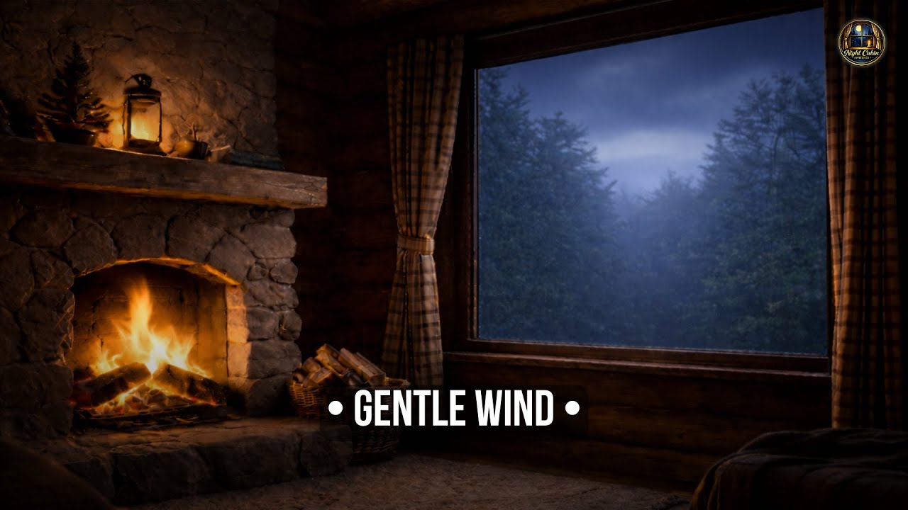 Night Cabin Ambience • Gentle Wind & Cozy Fireplace Sounds 10 Hours Deep Sleep