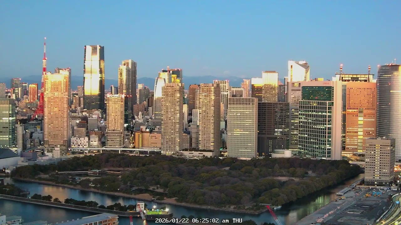 4K Tokyo Sunset | 勝どき & 築地 ライブカメラ | Camera 1 | 2026-01-22, 08:11