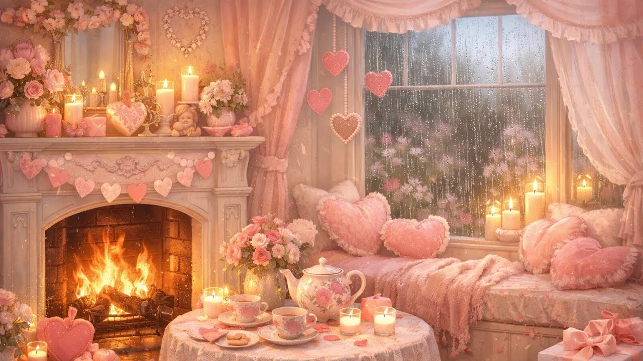 Valentine's Day Living Room Ambience 💗 Cozy Fireplace & Rain (4 Hours)