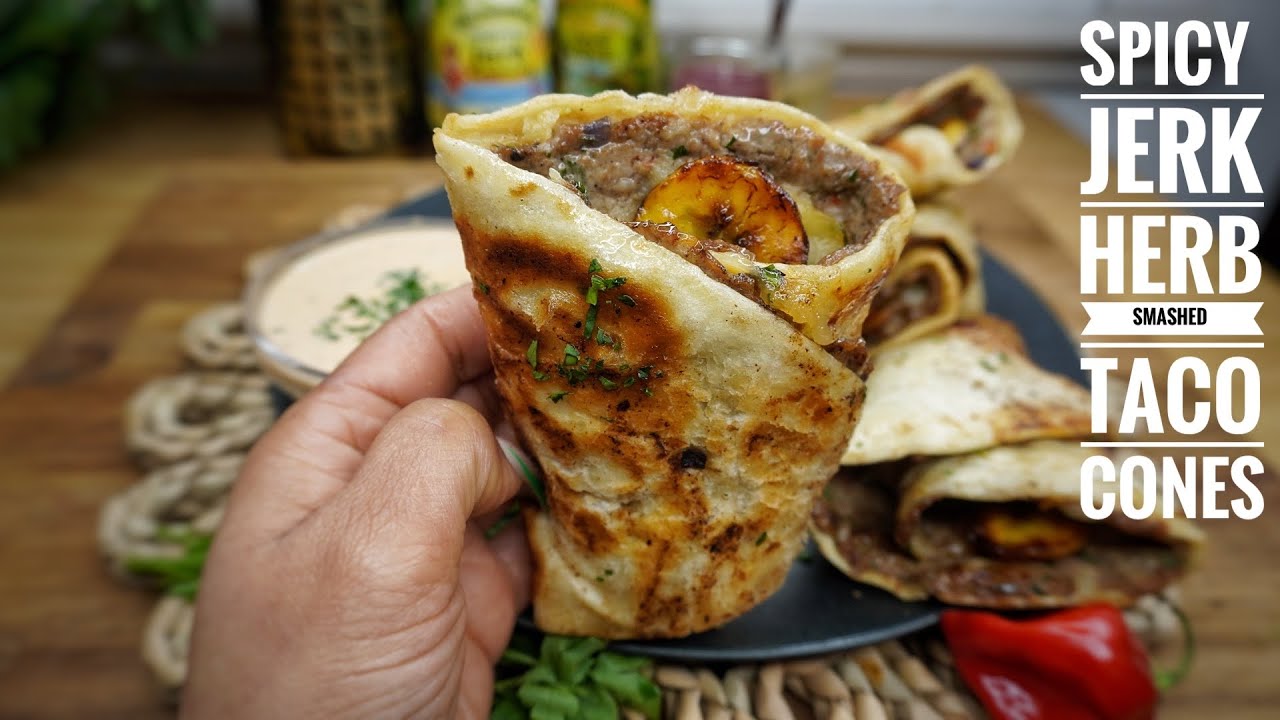 BANGING SPICY JERK HERB SMASHED CRISPY TACO CONES AND SPICY PEPPER SAUCE 
