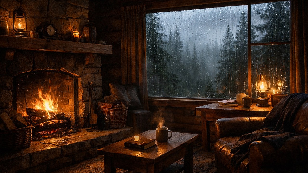 Heavy Rain Sounds on Window in Cozy Forest Cabin 🌧️ Fireplace Ambience for Deep Sleep Relaxation