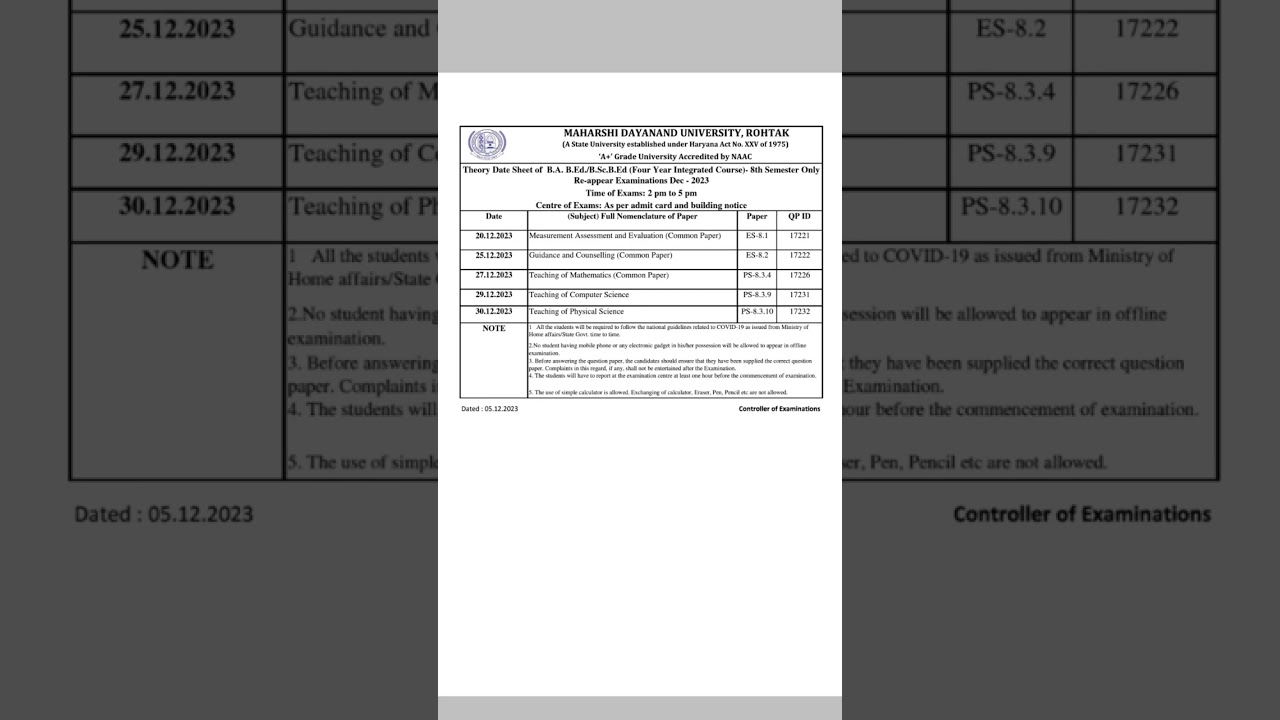 Theory Date Sheet of B.A. B.Ed.(Four Year Integrated Course) -8th Semester Examinations Dec-2023 MDU