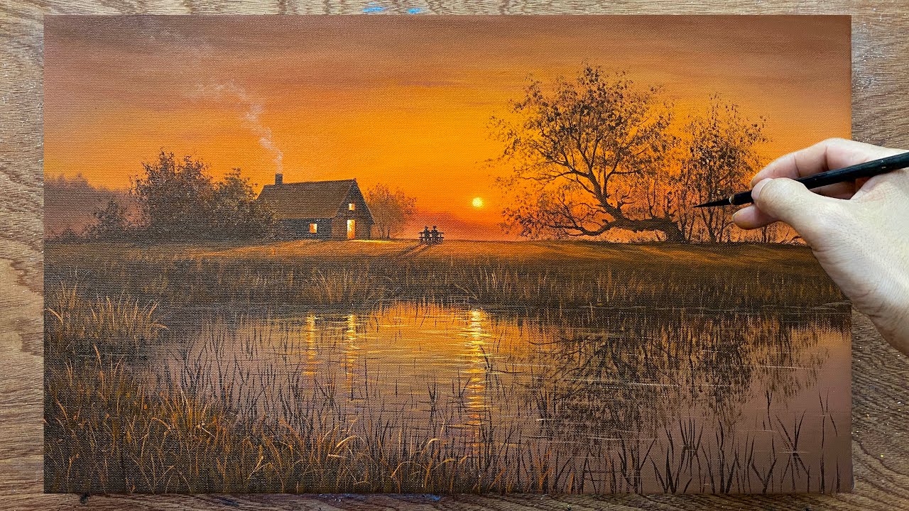 How to draw landscape painting #10 - Peaceful sunset scene / Acrylic painting / A Lu Art