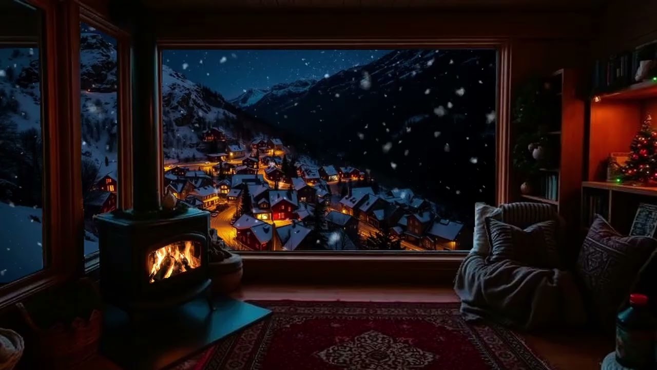 Snow Winter Cabin - Fireplace Ambience - No Sound