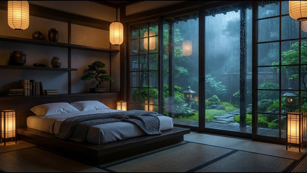 Mindful Rest Rain & Felt Piano in Japanese Bedroom with Bonsai for Deep Relaxation ✨
