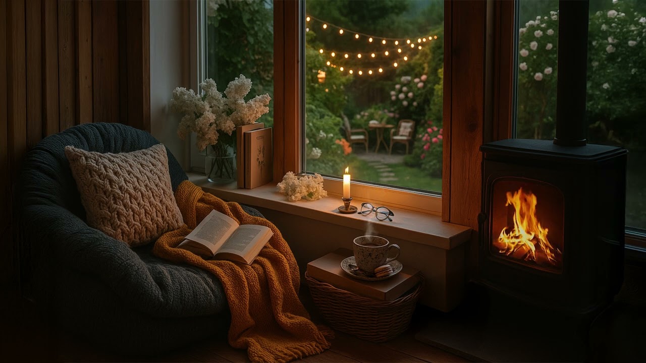 Cozy Fireplace Reading Ambience | Crackling Fire, Books & Garden Views