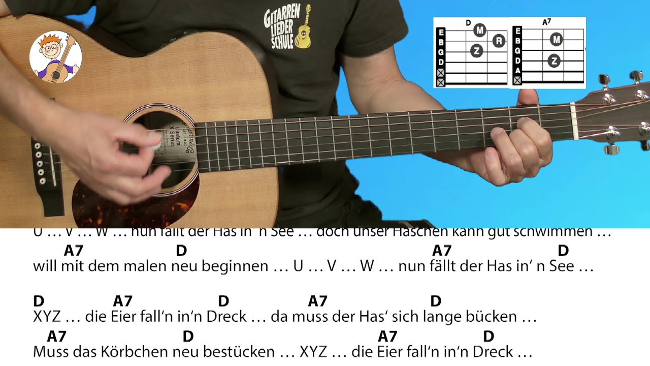 ABC, das H&auml;schen sitzt im Klee, Kinderlied mit 2 Akkorden + Text f&uuml;r Gitarre
