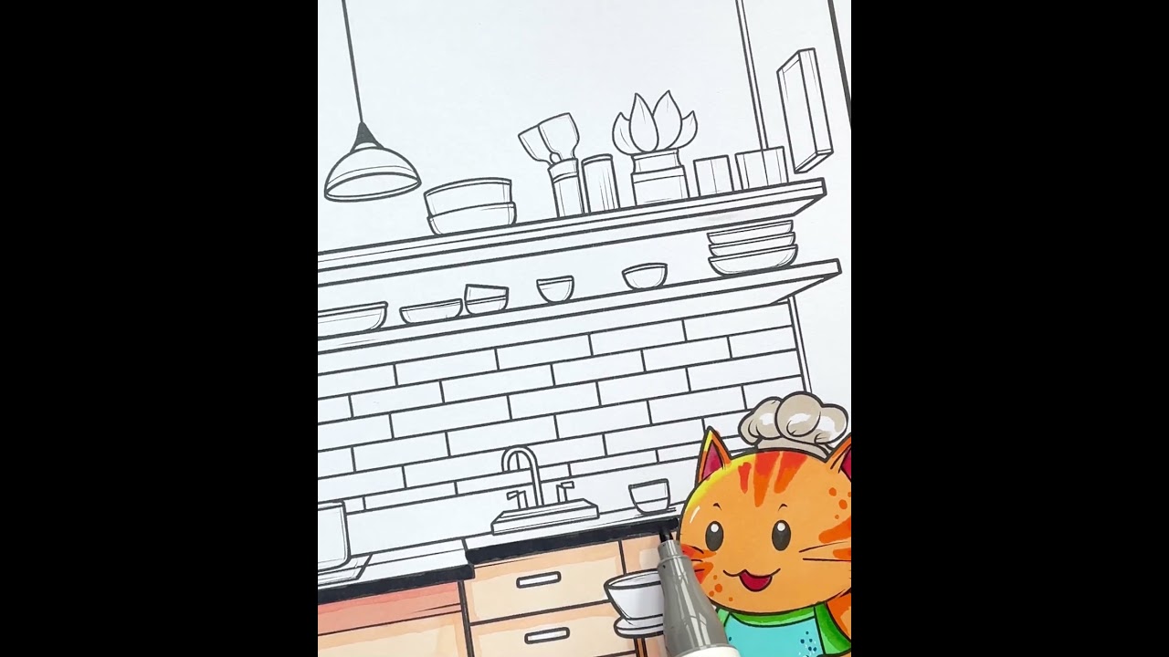 Cat Coloring Page: The CUTEST Chef Cat in a Cozy Kitchen &ndash; Wait for the Final Look! 🖌️🐱  #shorts