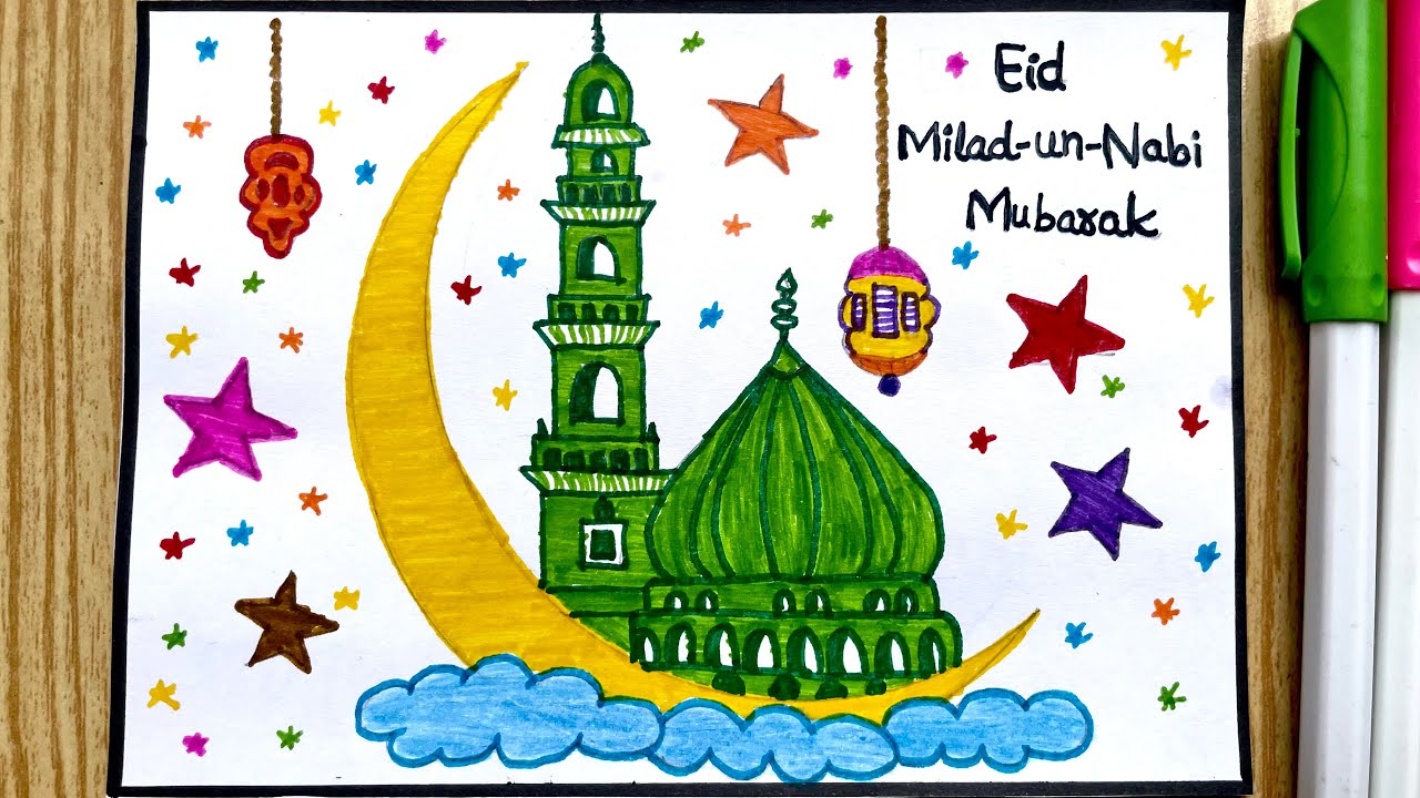 Eid Milad un Nabi Drawing Step by Step | 12 Rabi ul Awal Drawing Poster | Madina Drawing Easy
