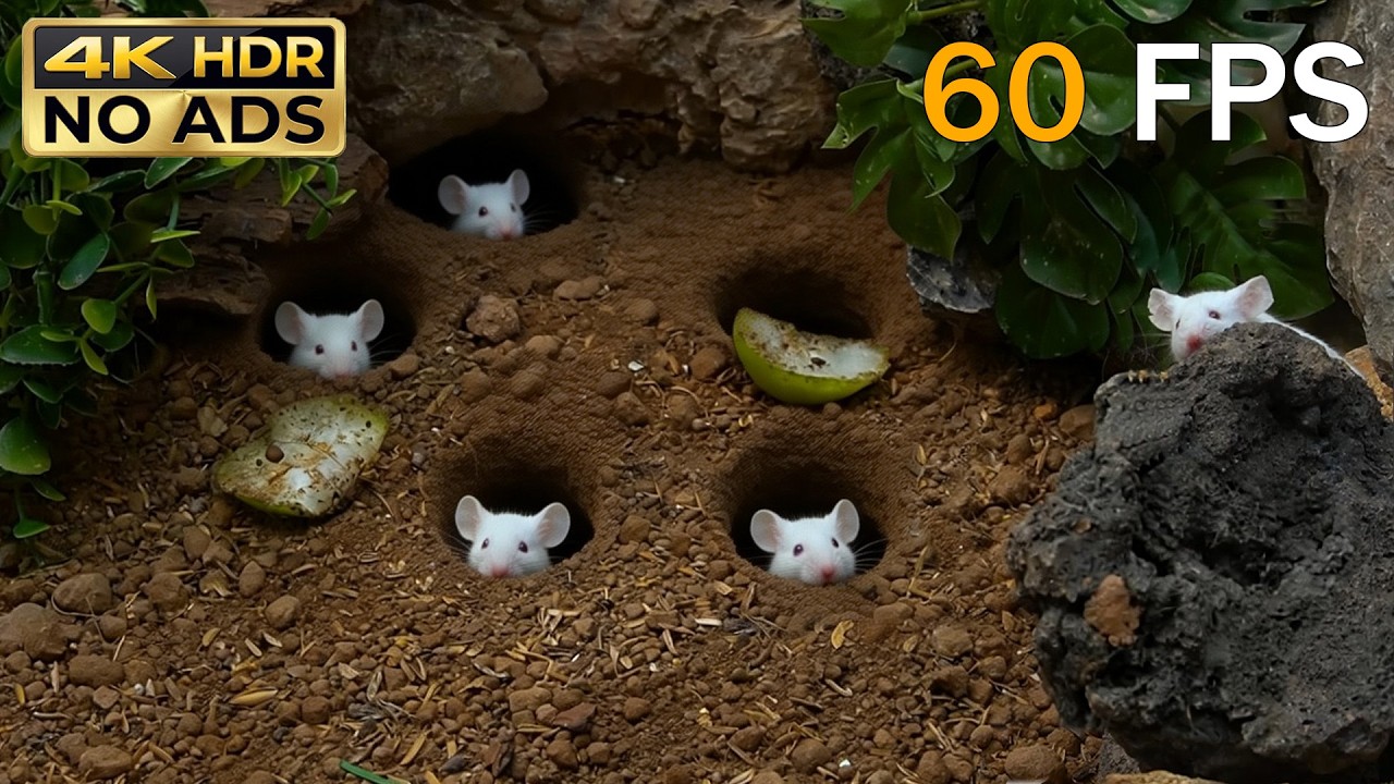 [NO ADS, NO AI] CAT TV 😺 Four White Mice Peek-a-Boo: Garden Soil Hole Challenge 🐭 4K HDR 60FPS