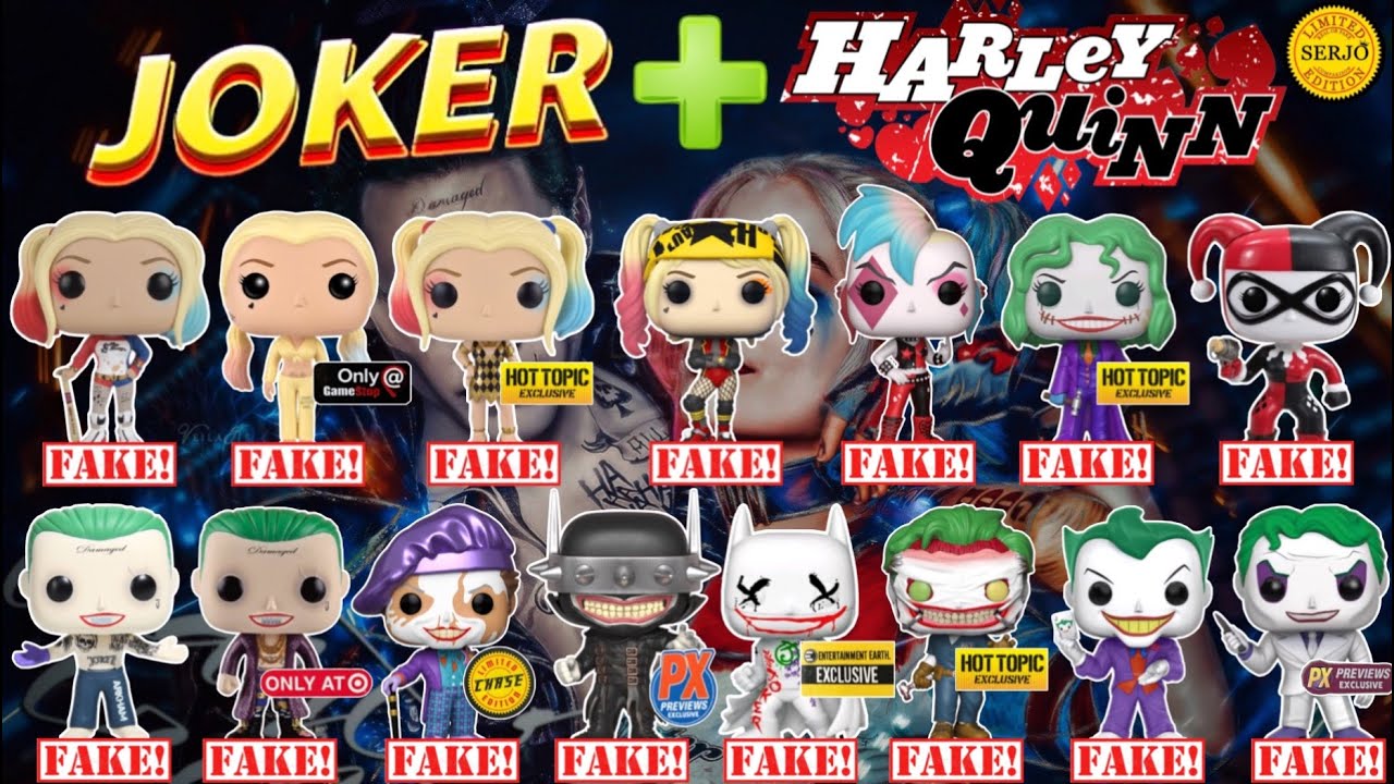 Comparisons of 16 fakes by Funko POP! The Joker and Harley Quinn!