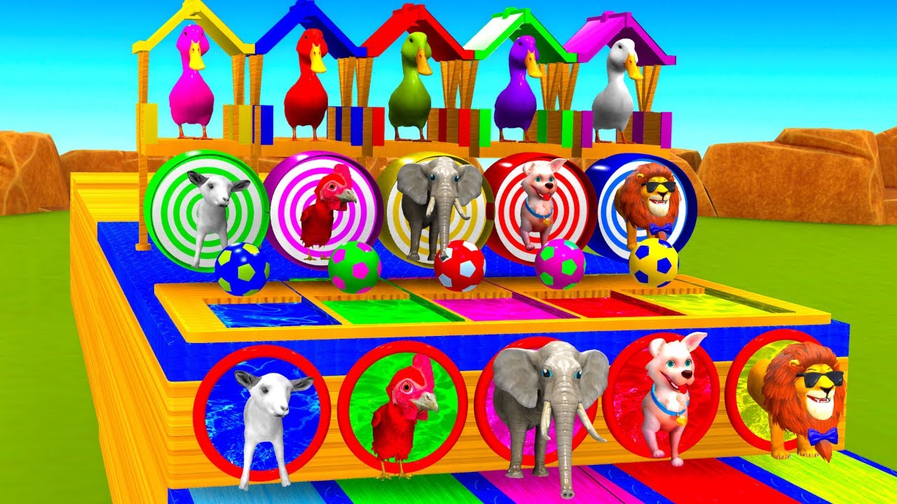 Long Slide Game with Goat 🐐Rooster 🐓Elephant 🐘Pig 🐷Lion 🦁 3d Animal Game Funny 3d Animals