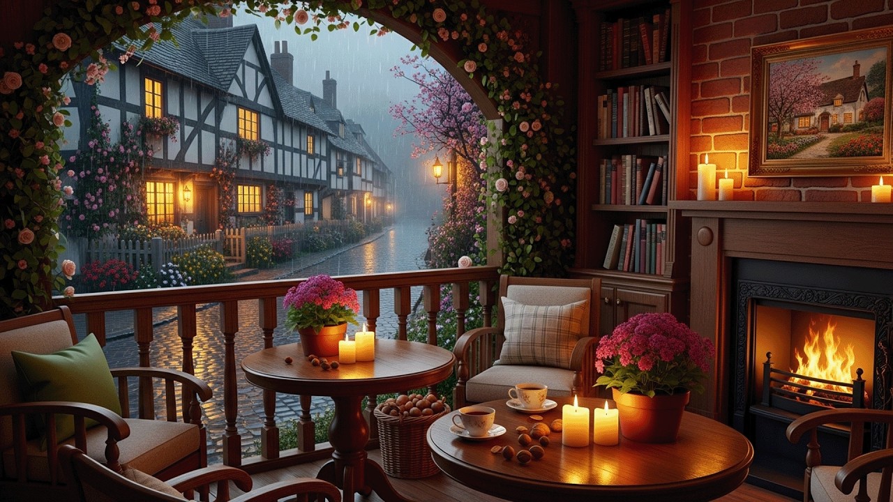 Quiet Rainy Cafe Window ☕ Gentle Piano Music with Fireplace Warmth