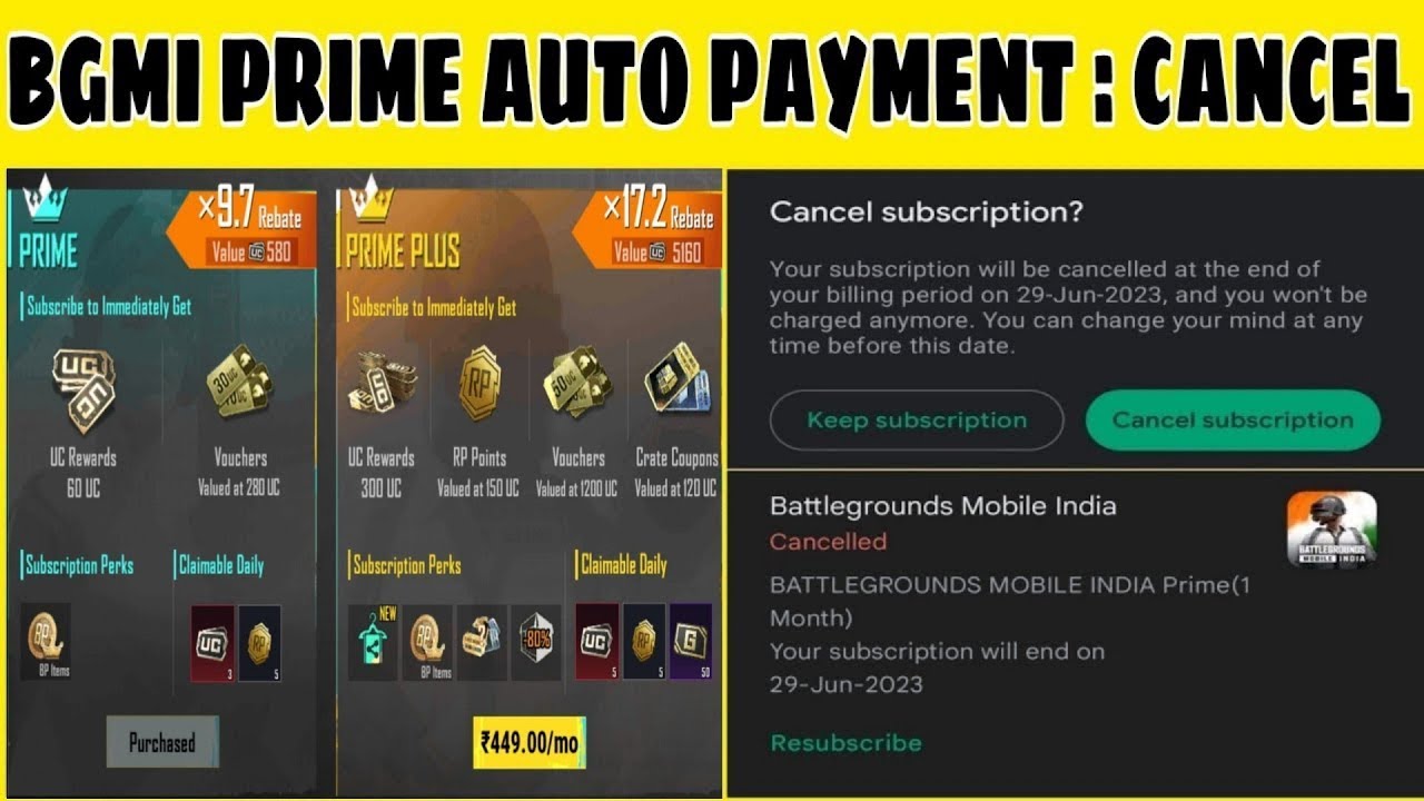 BGMI PRIME AUTO PAYMENT : CANCEL 63 day prime plus bgmi || 2 time purchase prime plus in bgmi 1
