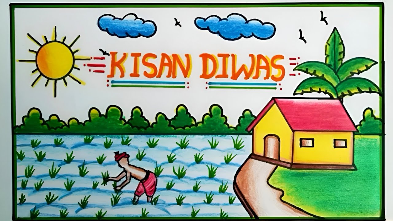 National Farmer's Day Drawing | Kisan Diwas Drawing Easy | Paddy field with farmer scenery drawing