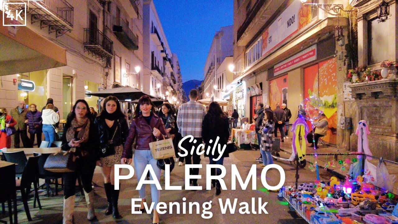 Palermo Evening Walking Tour 4K - Palermo Bars and Cafes - Sicily - Street Walk (60fps)
