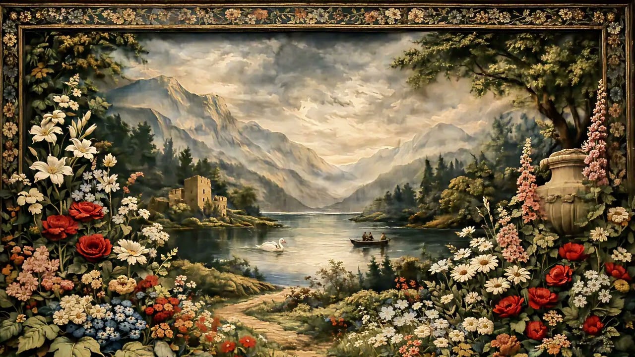 4k Romantic Alpine Lake Tapestry Art 🌿 Oil Painting TV Background | Vintage Screensaver