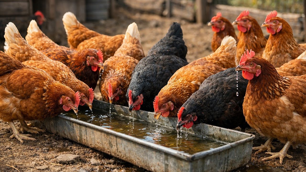 Peaceful Moment: Hens Drinking Water ☀️💫🌫