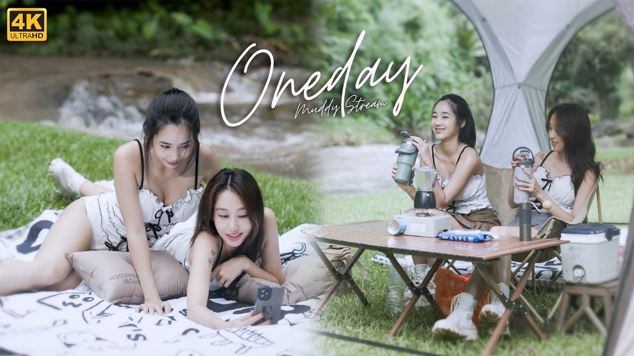 cute girls rainy-season day camp🏕️nature vibes🌿Onepiece swimsuits on👙but river’s all muddy🌊ASMR EP46
