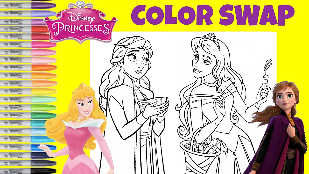 Disney Princess Coloring Book Pages Color Swap Anna and Aurora Jasmine and Rapunzel