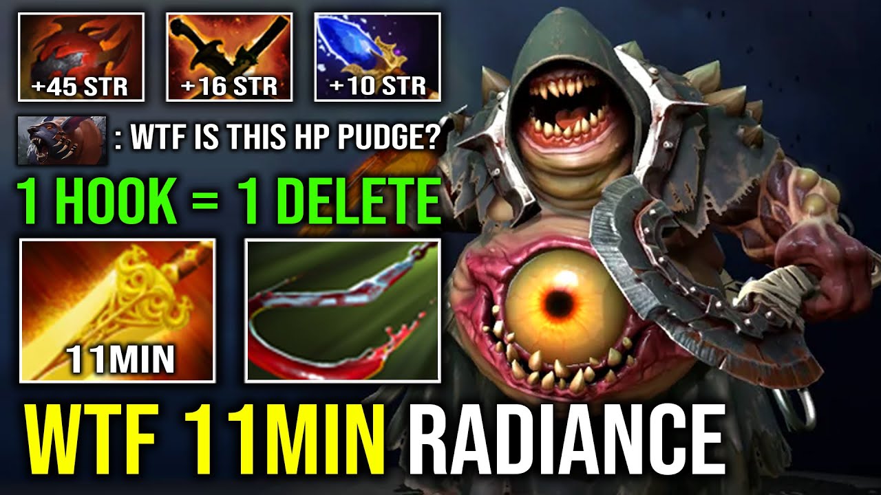 WTF 11MIN RADIANCE Max Heap Strength 5500 HP Raid Boss Mid Pudge 210 Burn DPS Magnet Hook Dota 2