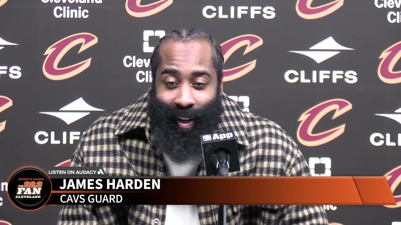 James Harden reacts to the Cavs 138-113 win over the Wizards in his first home game in Cleveland