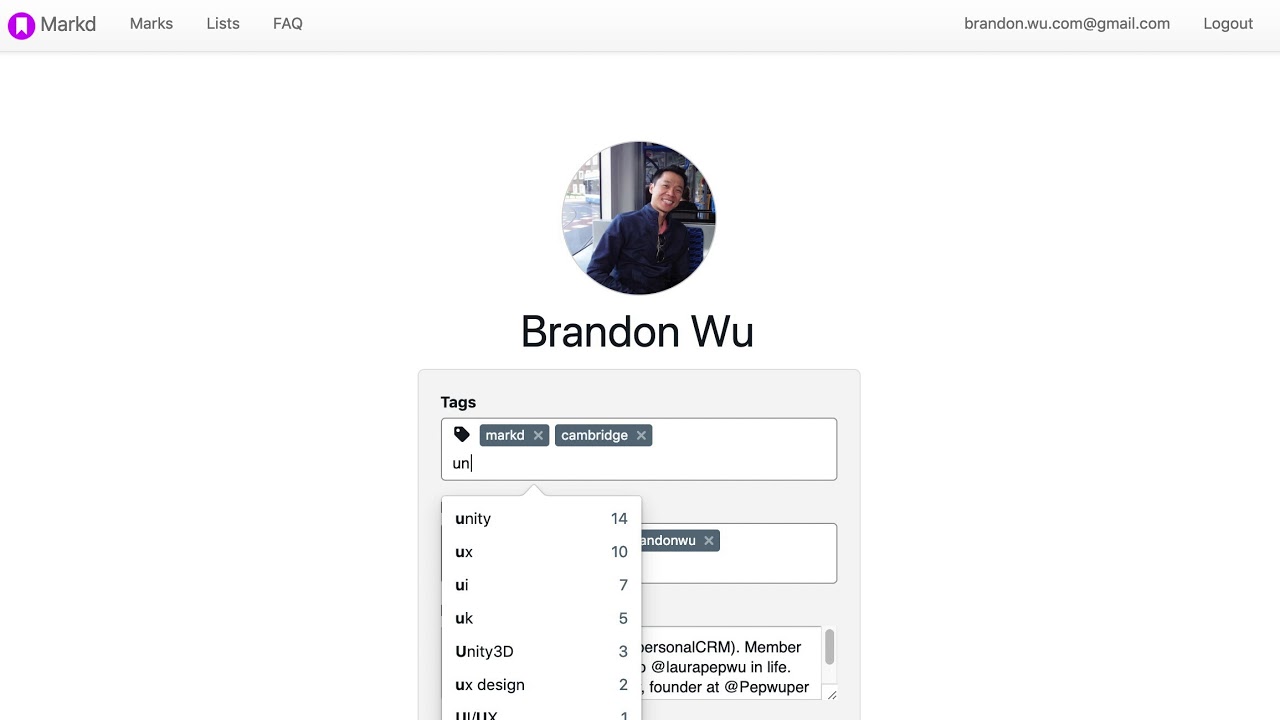 Tag suggestions on Markd Personal CRM - Dashboard