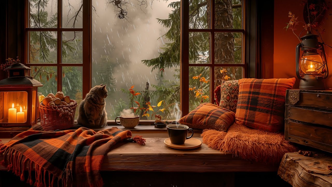 Cozy Rain at Window & November Autumn Jazz Music | Relaxing Jazz Ambience for Relax, Working
