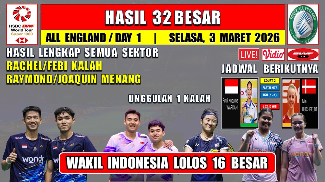 INDONESIA MENANG ~ UNGGULAN 1 KALAH ~ Hasil 32 Besar All England Open 2026 Hari Ini ~ MD MENANG