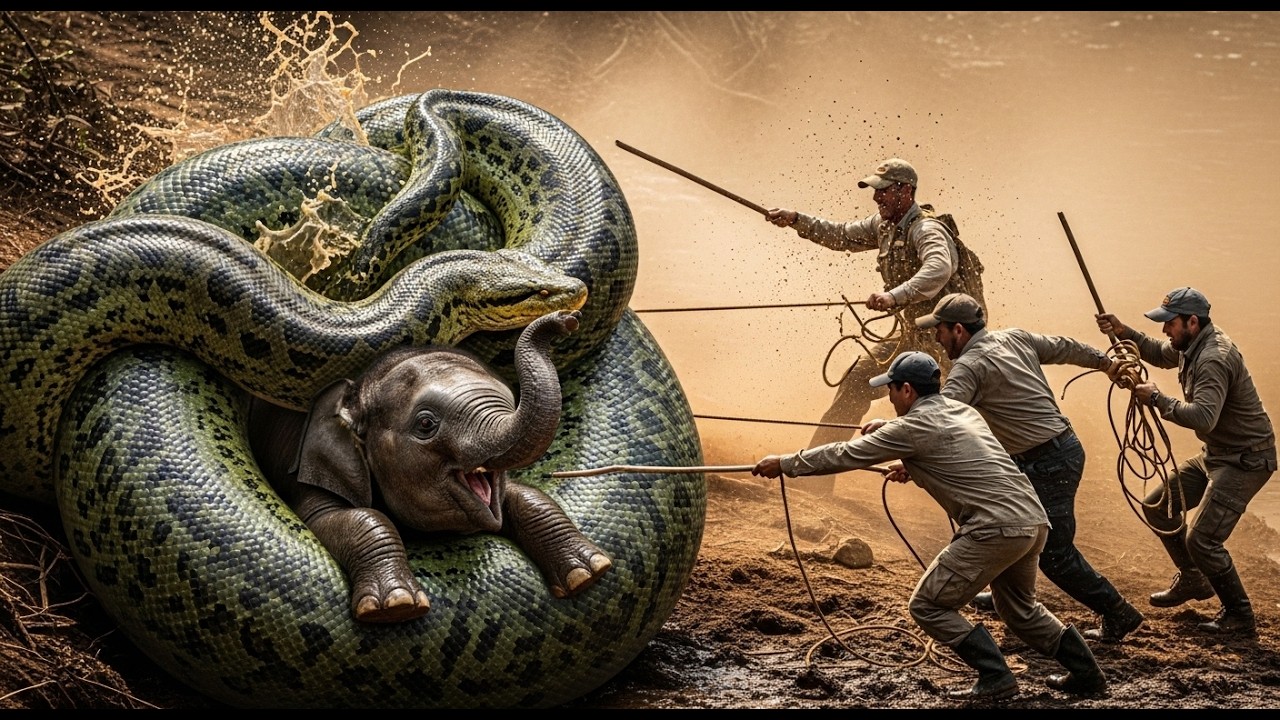 Last Moment Miracle! Heroic Team Saves Elephant from Massive Anaconda Attack 
