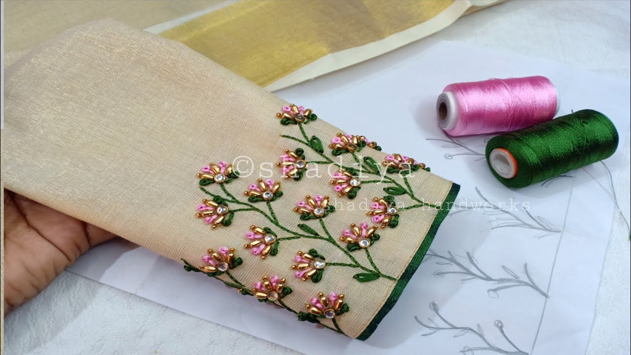 Tiny lotus embroidery sleeve design for kerala saree blouse 😍
