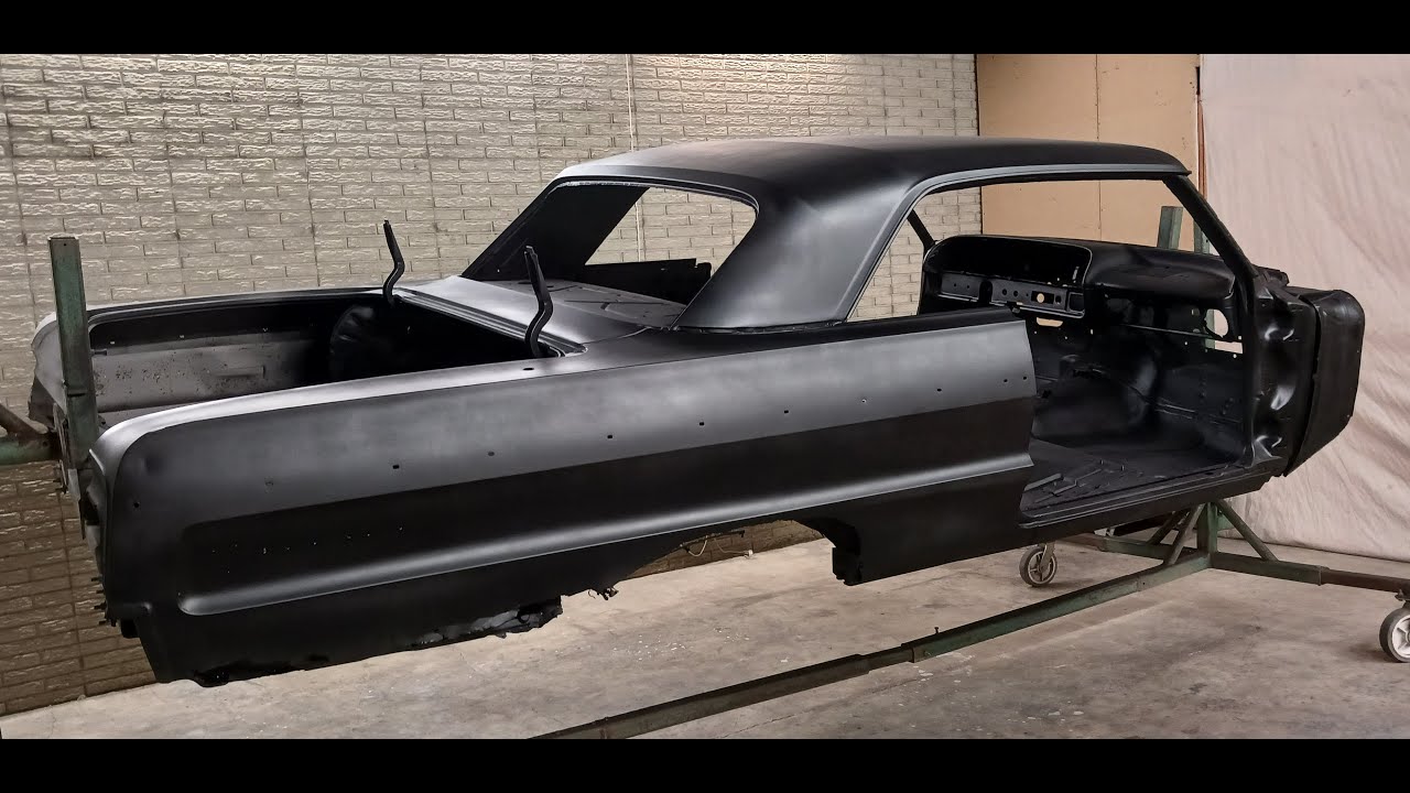 1964 Impala Restoration Part 5  - Repo fenders skirts - Media blast prep tips - DP 90 epoxy primer