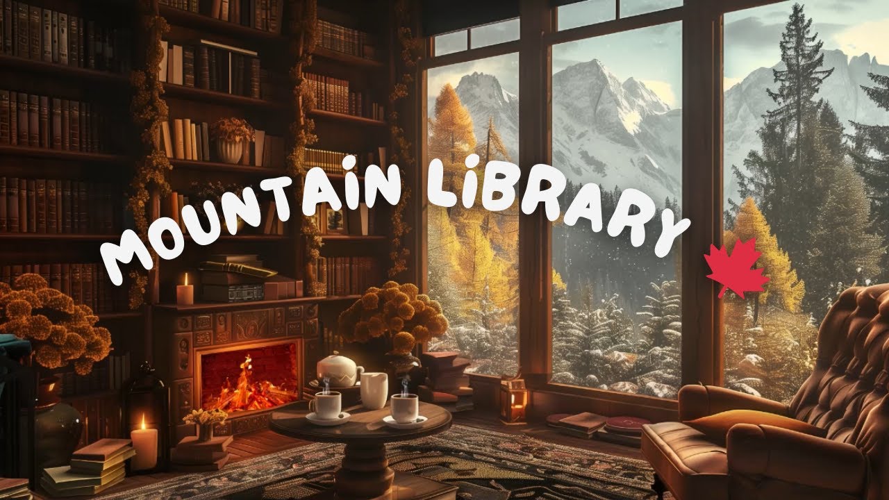 Mountain Library in the Rain 🍂 2-Hour Fireplace, Rain Sounds & Fall Mountain Views
