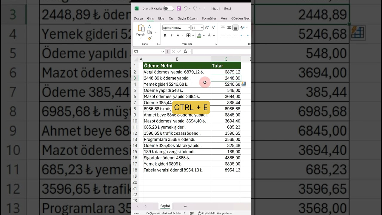 Excel&rsquo;de metinden sayı ayırt etmek. #excel