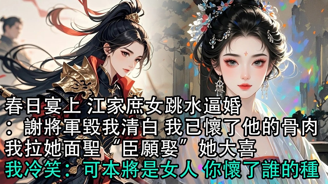 【一口氣看完】春日宴上 江家庶女跳水逼婚：謝將軍毀我清白 我已懷了他的骨肉，我拉她面聖“臣願娶”她大喜，我冷笑：可本將是女人 你懷了誰的種#古言 #有聲小說 #情感故事