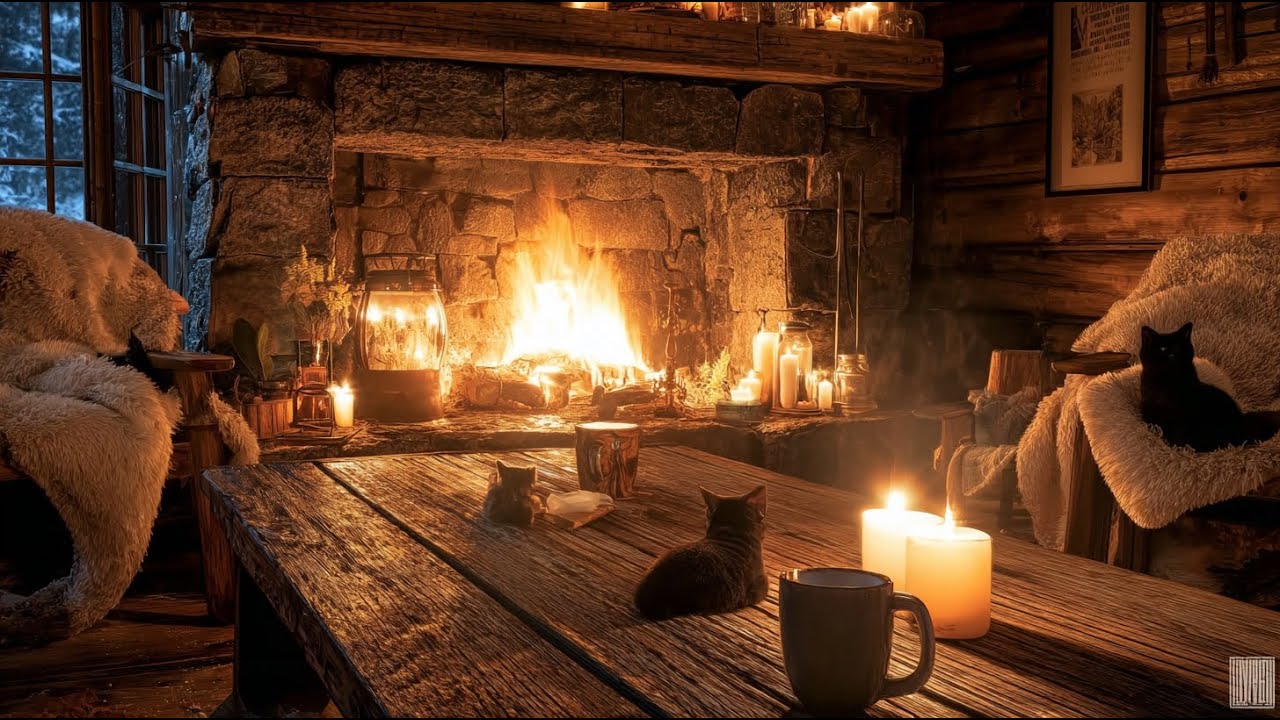 Warm Fireplace Piano Jazz ☕ Cozy Cabin Study Music with Cat