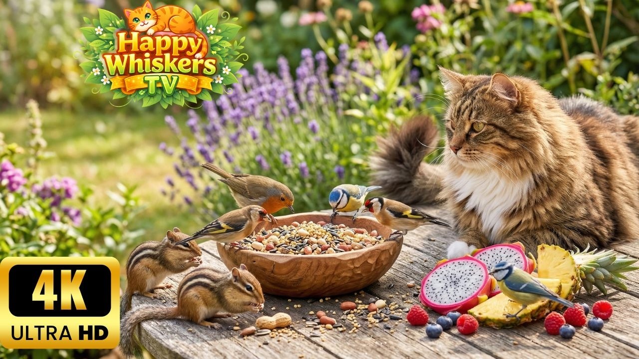 Cat TV для кошек 😺 Милые птицы и белки в саду 🐦🐿️ 4 часа 4K HDR