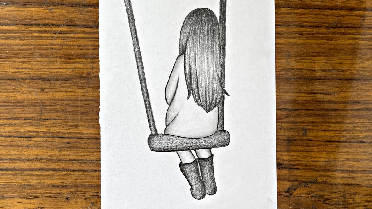 How to draw a girl on swing | Girl on swing drawing easy | Easy drawings step by step | Girl drawing