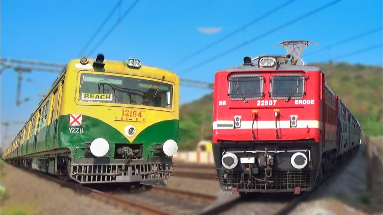 Green colour Chennai EMU local train racing with furious Thiruvananthapuram Express !